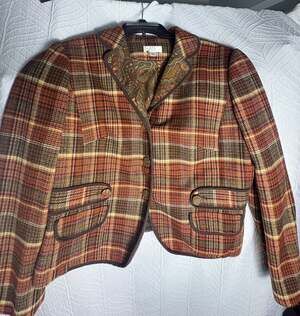 ATL Studio Womens Plaid Wool Blend Blazer Jacket Size 14 Paisley Lining